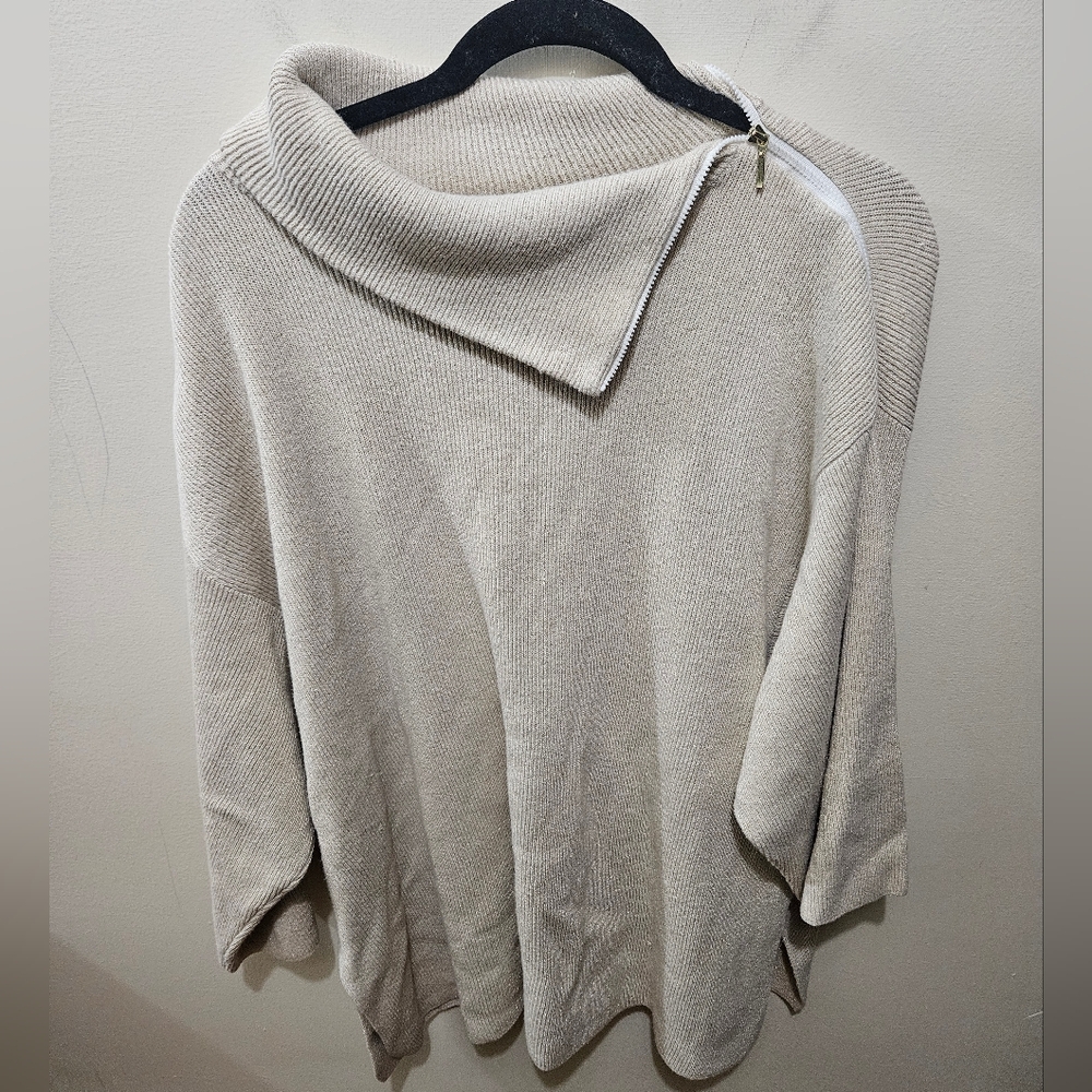 Chico's Zenergy Beige Turtleneck Ribbed Gold Cotton Cashmere Boxy Sweater XLarge